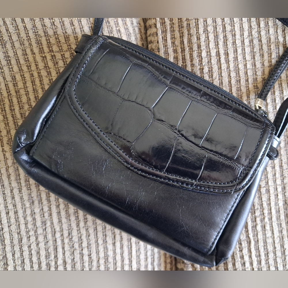 🆕BRIGHTON REGALIA Organizer Woven Braided Black Leather Croc Crossbody Bag - Picture 4 of 16